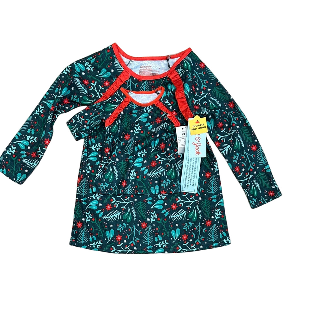 NWT Cat & Jack Holiday Nightgown With Matching Doll Gown Size 2T